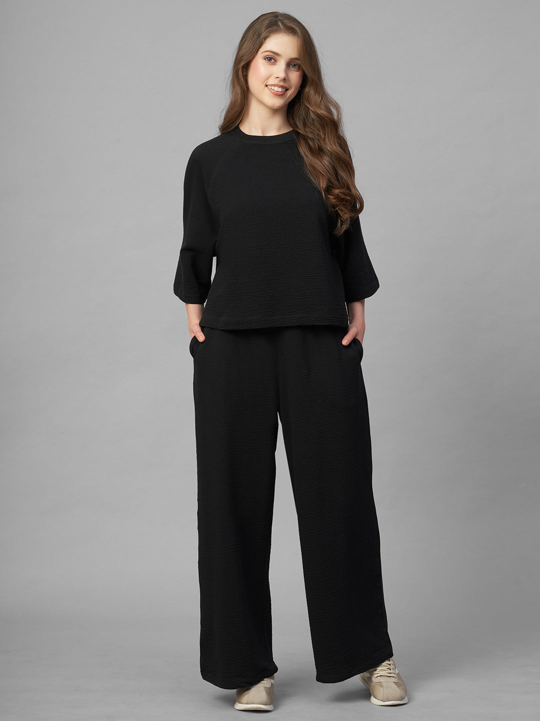 Women's Black Cotton Elastane Loose Fit Knit Pant