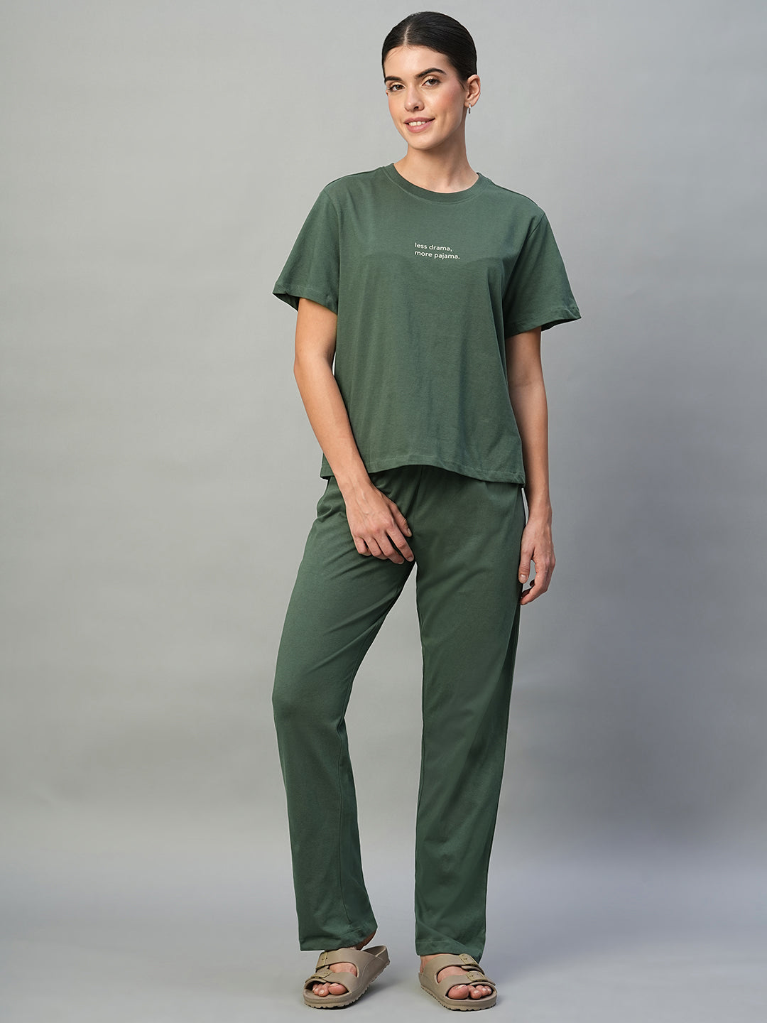 Women's Green 100% Cotton Regular Fit Knit Pyjama Suit
