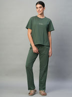 Women's Green 100% Cotton Regular Fit Knit Tshirt-Pyjama Set