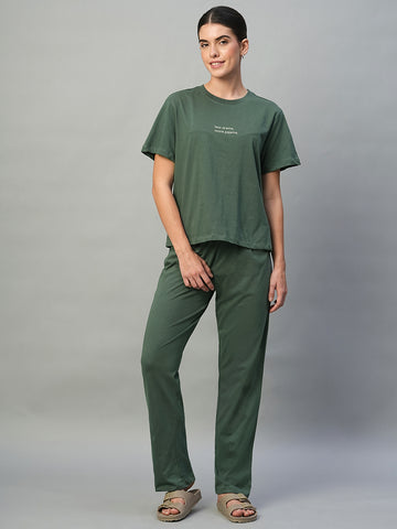 Women's Green 100% Cotton Regular Fit Knit Tshirt-Pyjama Set