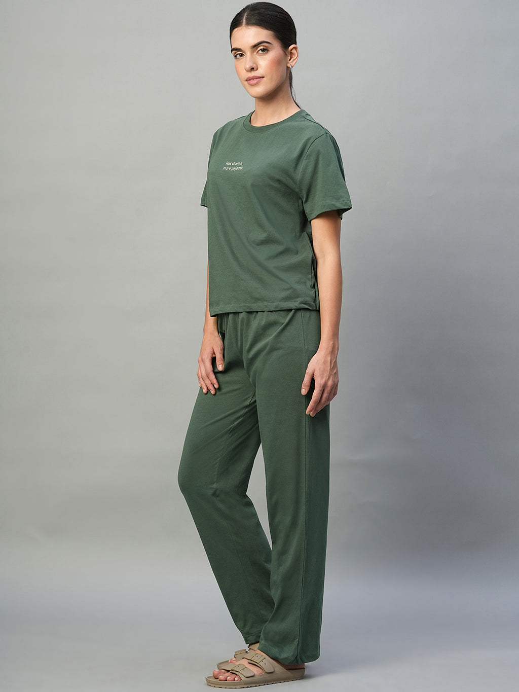 Women's Green 100% Cotton Regular Fit Knit Tshirt-Pyjama Set
