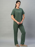 Women's Green 100% Cotton Regular Fit Knit Tshirt-Pyjama Set