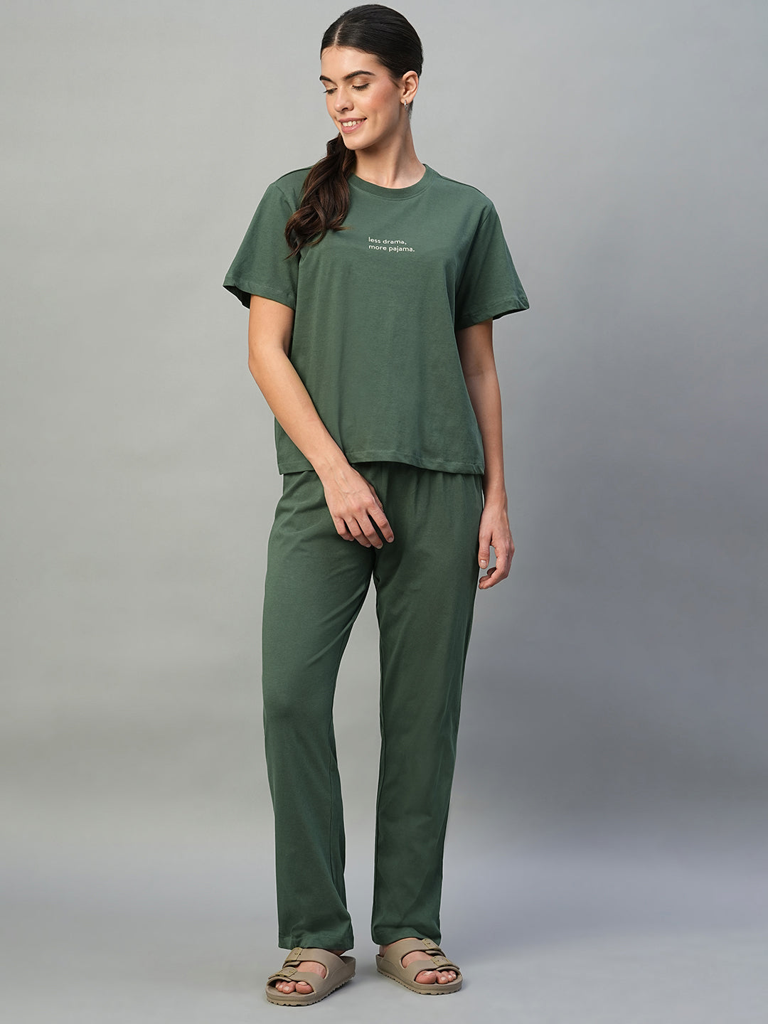 Women's Green 100% Cotton Regular Fit Knit Pyjama Suit