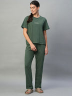 Women's Green 100% Cotton Regular Fit Knit Tshirt-Pyjama Set