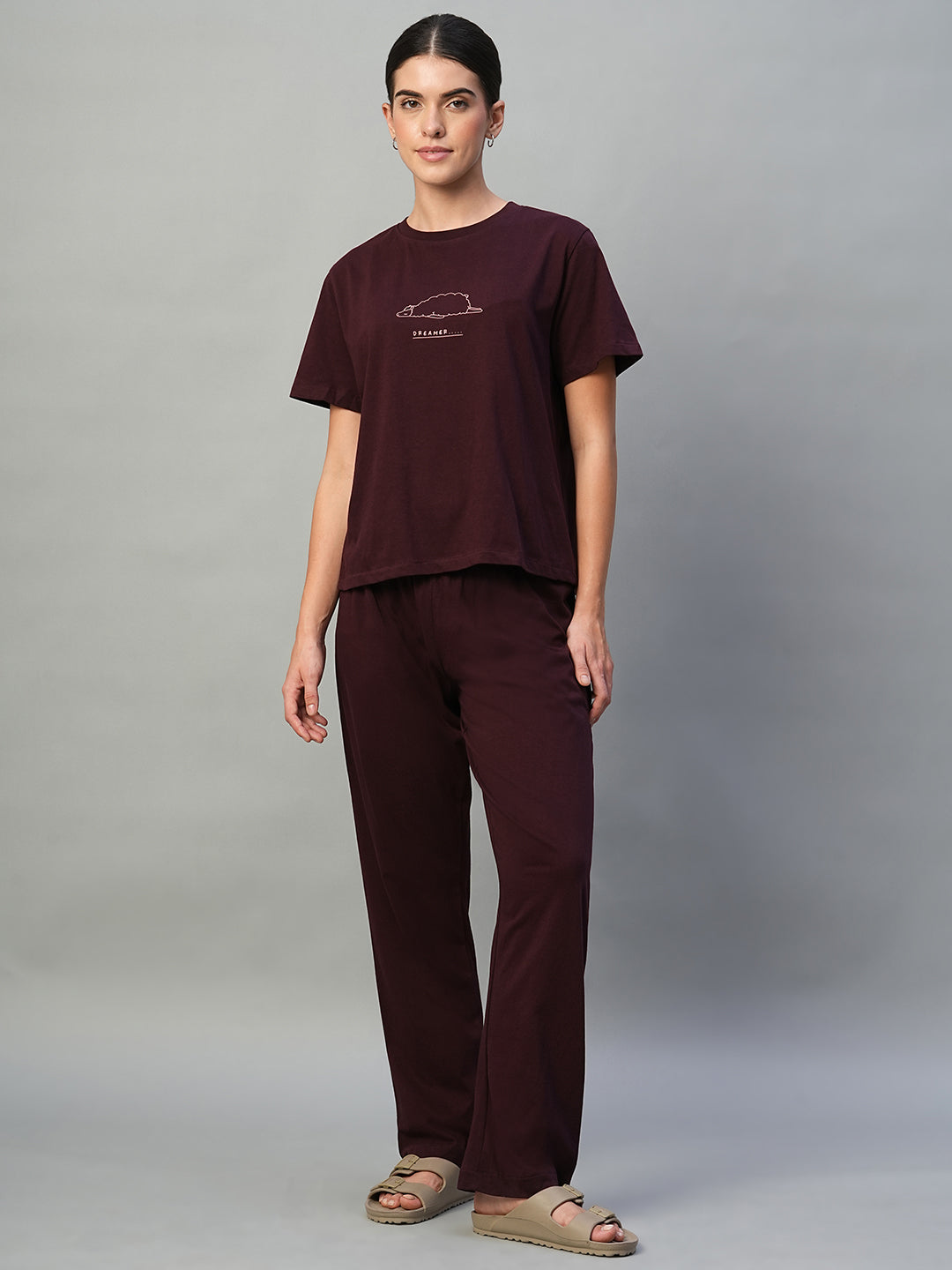 Women's Wine 100% Cotton Regular Fit Knit Pyjama Suit