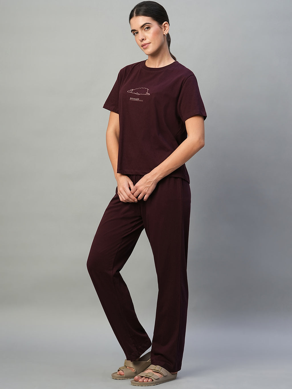 Women's Wine 100% Cotton Regular Fit Knit Tshirt-Pyjama Set