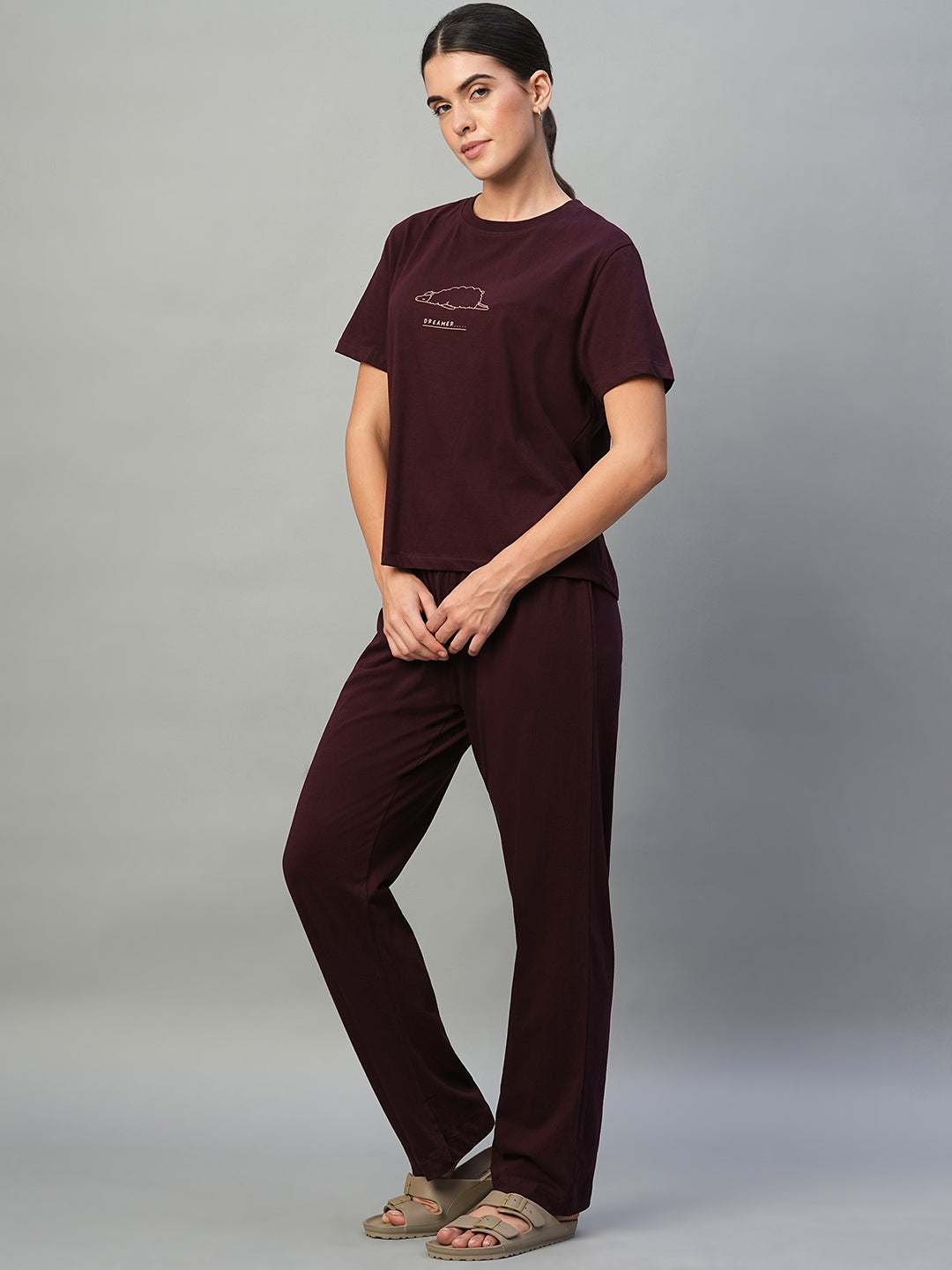 Women's Wine 100% Cotton Regular Fit Knit Tshirt-Pyjama Set