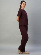 Women's Wine 100% Cotton Regular Fit Knit Tshirt-Pyjama Set