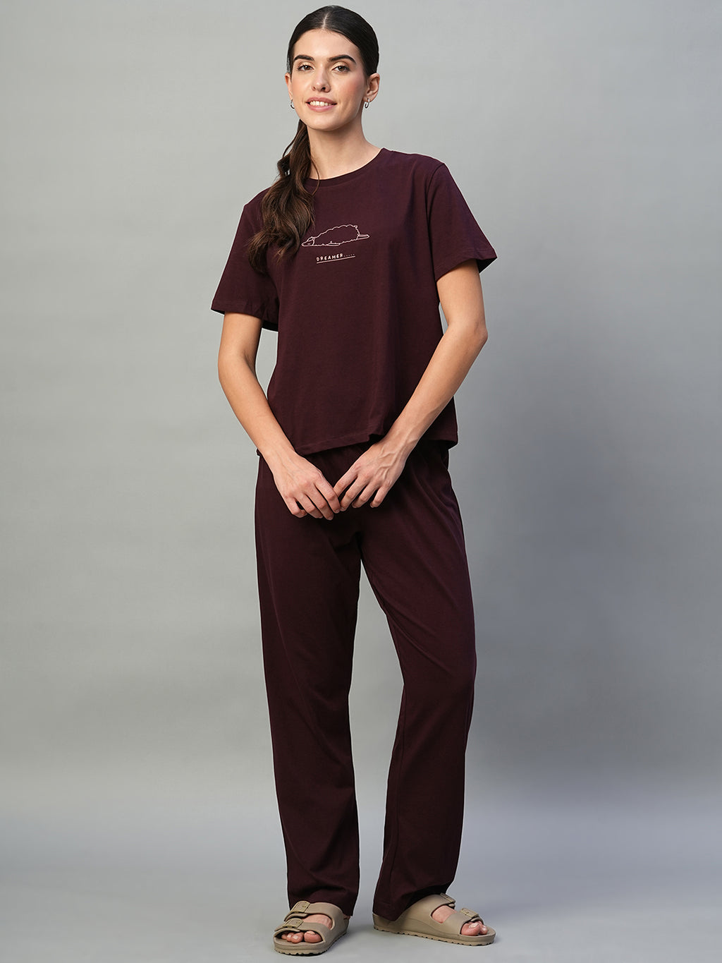 Women's Wine 100% Cotton Regular Fit Knit Tshirt-Pyjama Set