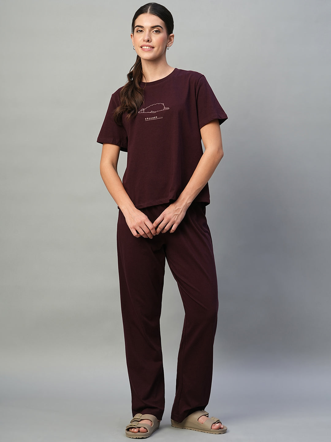 Women's Wine 100% Cotton Regular Fit Knit Pyjama Suit