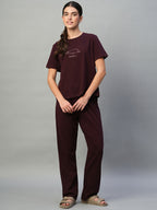 Women's Wine 100% Cotton Regular Fit Knit Tshirt-Pyjama Set