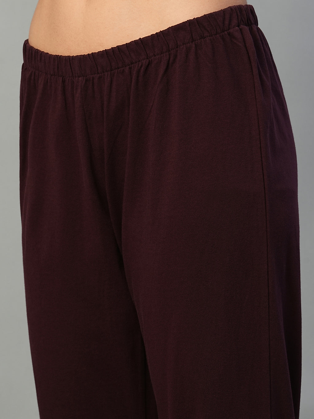Women's Wine 100% Cotton Regular Fit Knit Tshirt-Pyjama Set