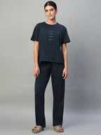 Women's Blue 100% Cotton Regular Fit Knit Tshirt-Pyjama Set