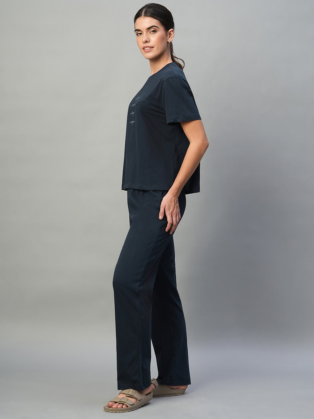 Women's Blue 100% Cotton Regular Fit Knit Tshirt-Pyjama Set