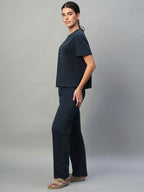 Women's Blue 100% Cotton Regular Fit Knit Tshirt-Pyjama Set