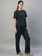 Women's Blue 100% Cotton Regular Fit Knit Tshirt-Pyjama Set