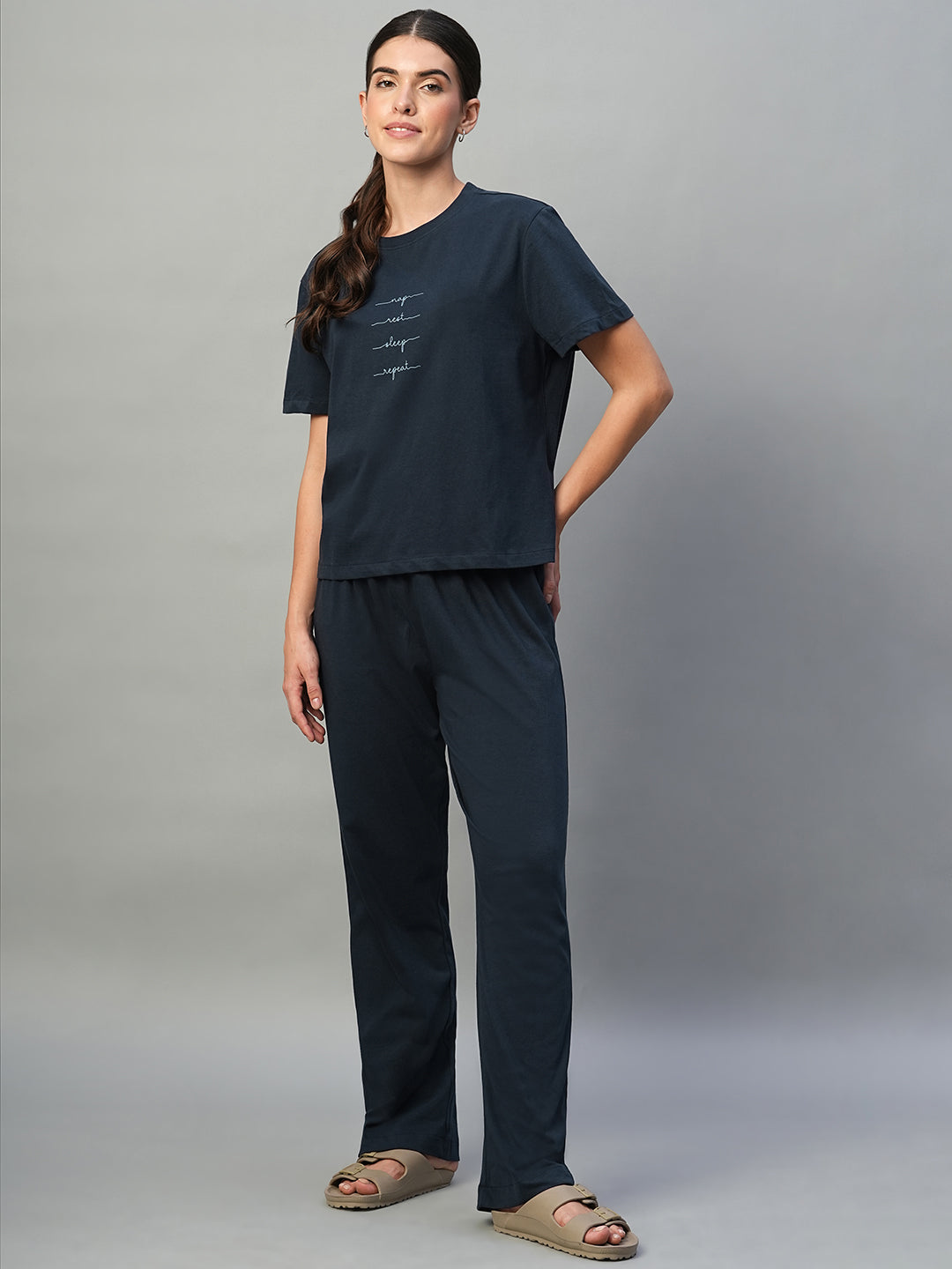 Women's Blue 100% Cotton Regular Fit Knit Tshirt-Pyjama Set