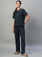 Women's Blue 100% Cotton Regular Fit Knit Tshirt-Pyjama Set