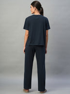 Women's Blue 100% Cotton Regular Fit Knit Tshirt-Pyjama Set
