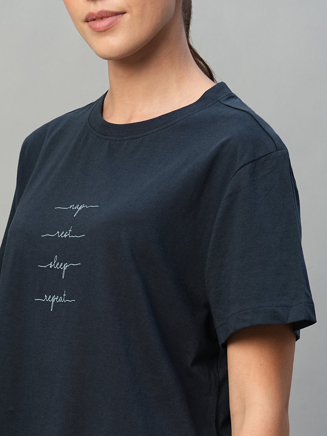 Women's Blue 100% Cotton Regular Fit Knit Tshirt-Pyjama Set