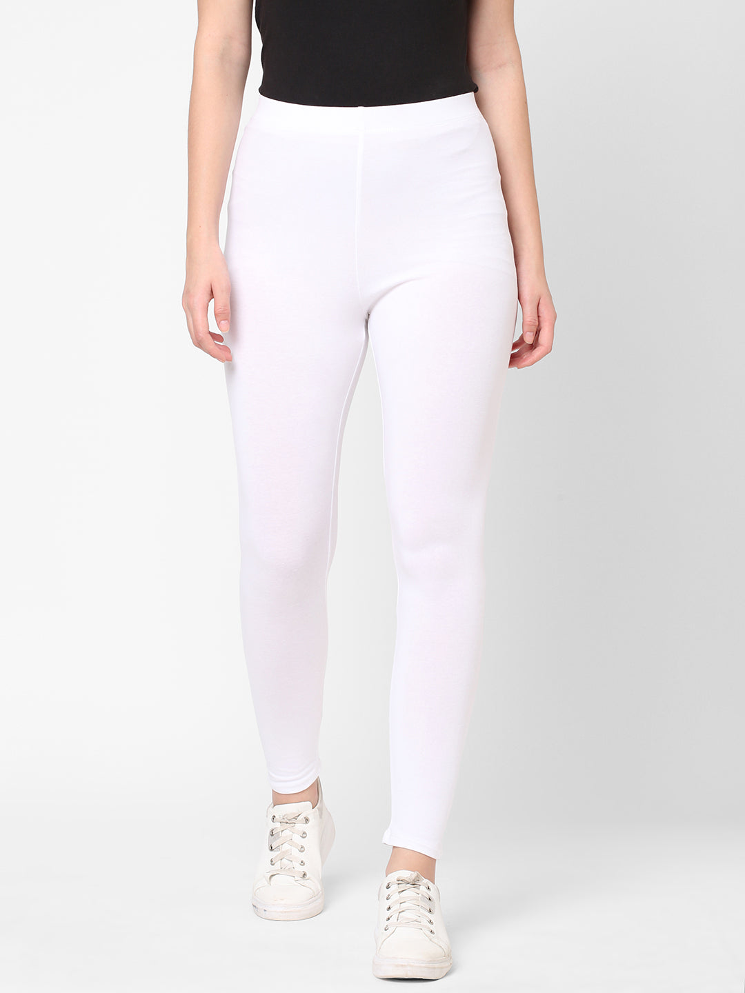 Women's White Cotton Elastane Slim Fit Knit Tights