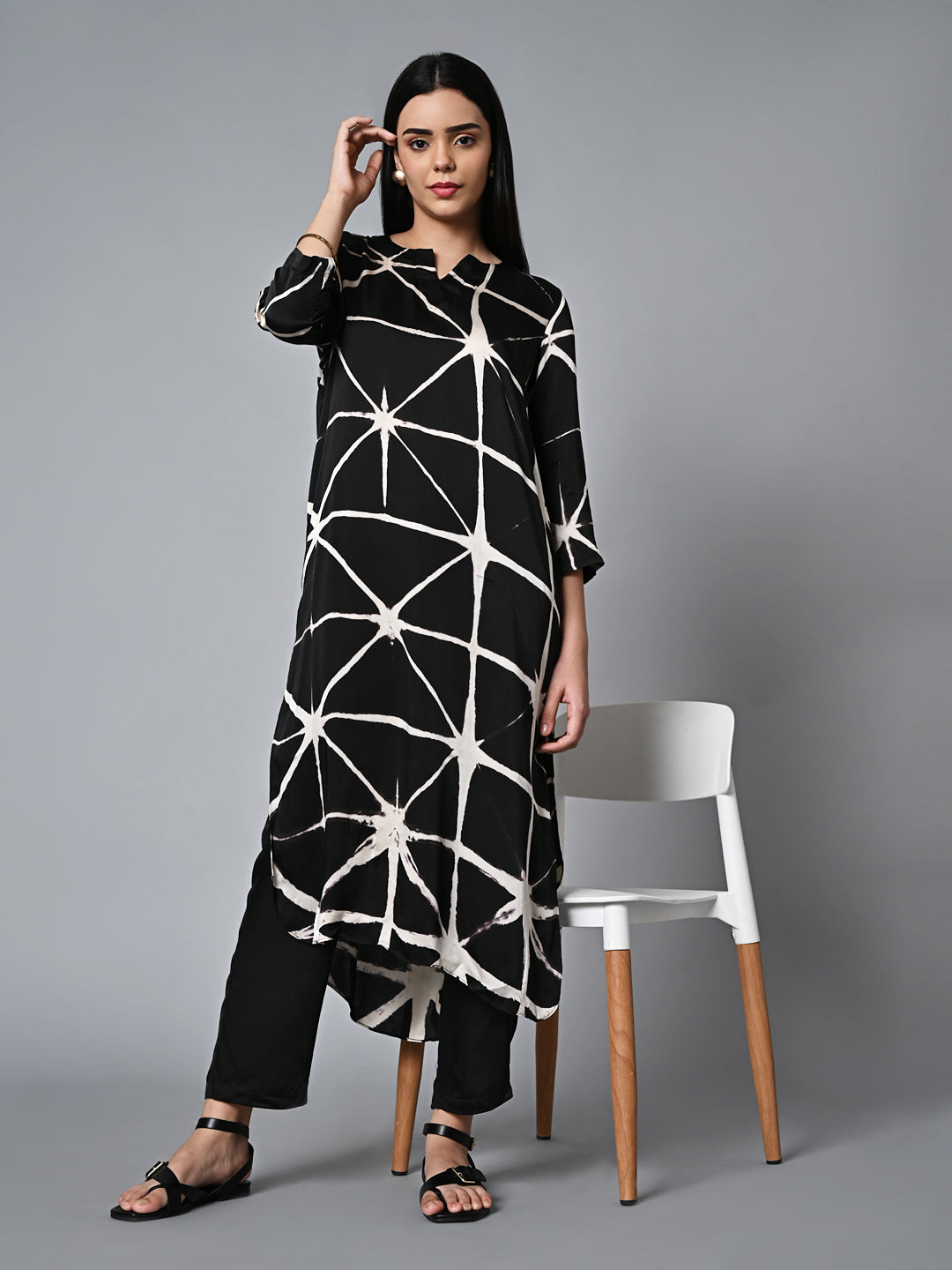 Women's Shibori Regular Fit Modal Black Kurta