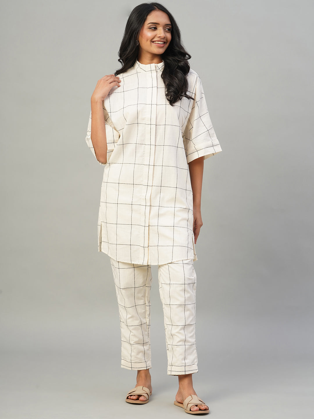 Women's Natural/Black 100% Cotton Boxy Fit Kurta