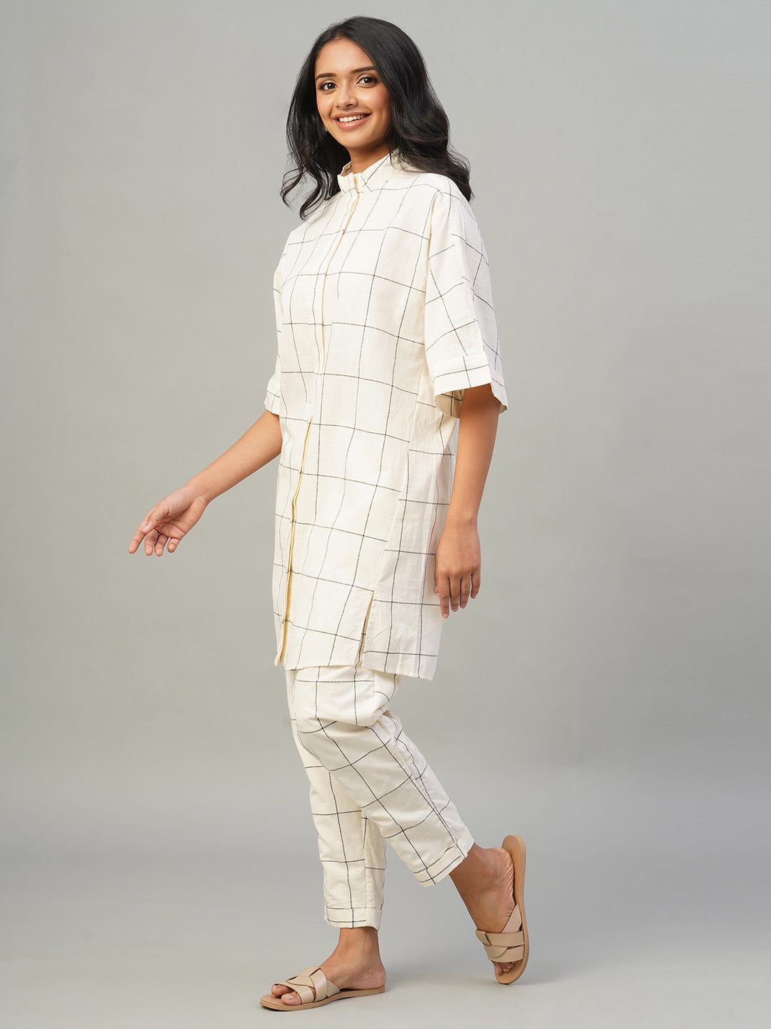 Women's Natural/Black 100% Cotton Boxy Fit Kurta