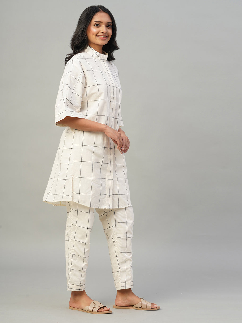 Women's Natural/Black 100% Cotton Boxy Fit Kurta