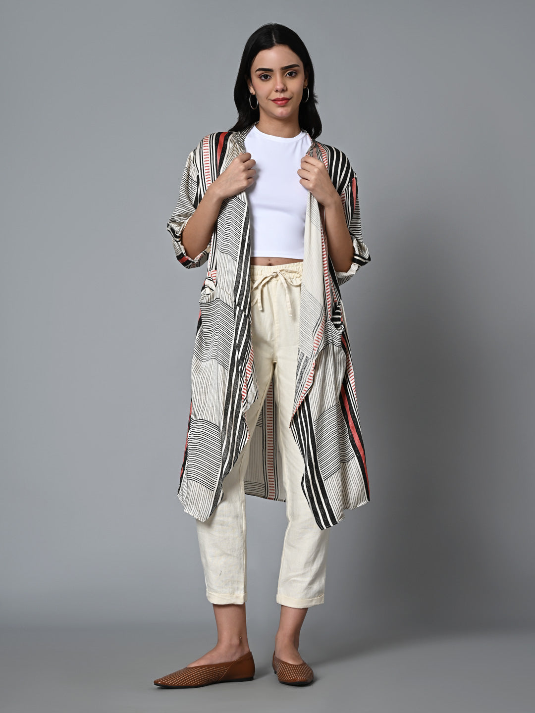 Women’s Viscose Modal Hand Block Printed Regular Fit Offwhite Overlay