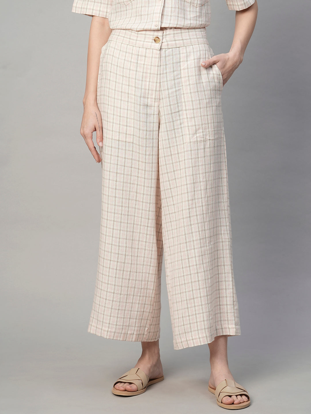 Women's Pink Cotton Linen Regular Fit Culotte