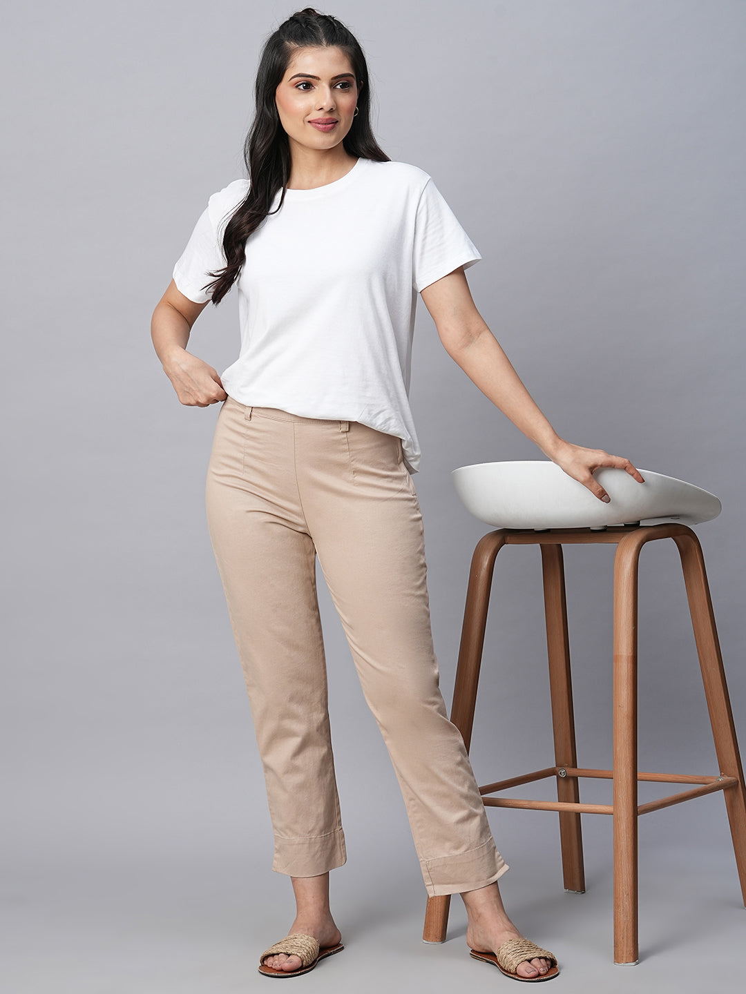 Women's Beige Cotton Lycra Regular Fit Pant