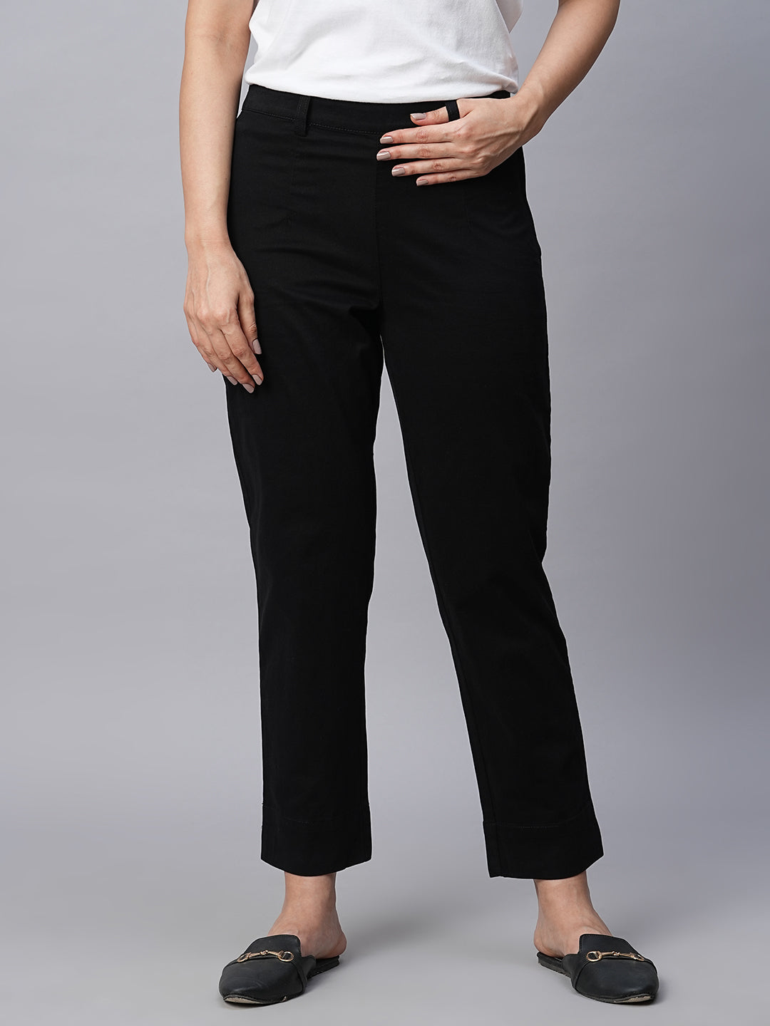Women's Cotton Lycra Black Regular Fit Pant