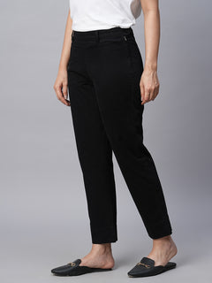 Women's Black Cotton Lycra Regular Fit Pant