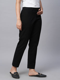 Women's Black Cotton Lycra Regular Fit Pant