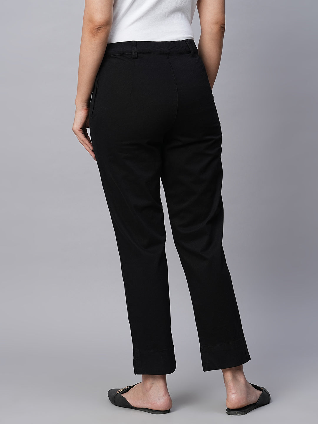 Women's Black Cotton Lycra Regular Fit Pant