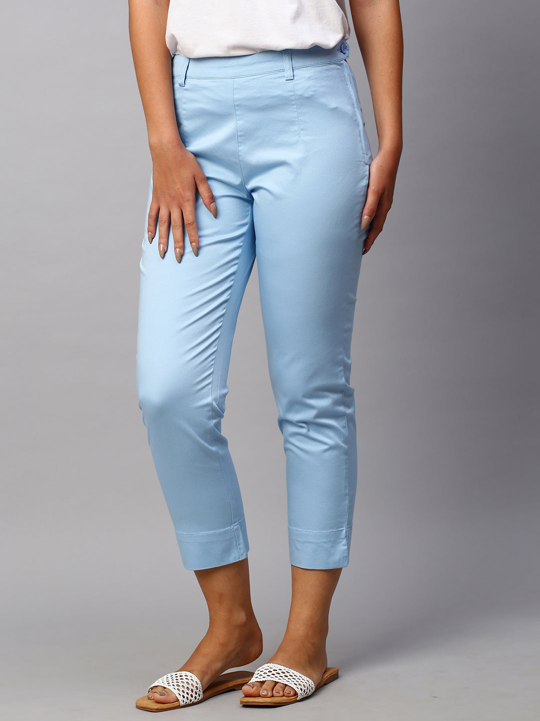 Women's Blue Cotton Lycra Regular Fit Pant