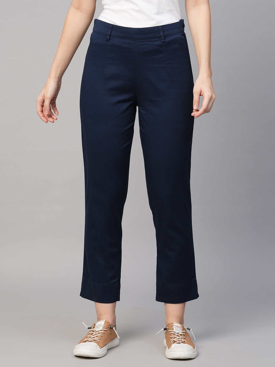 Women's Cotton Elastane Navy Regular Fit Pant