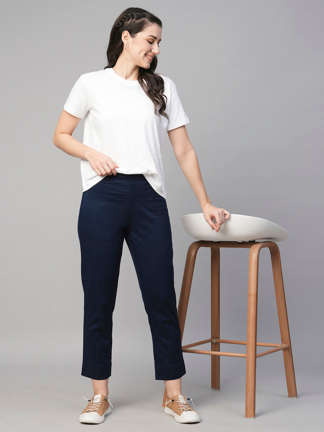 Women's Navy Cotton Elastane Regular Fit Pant