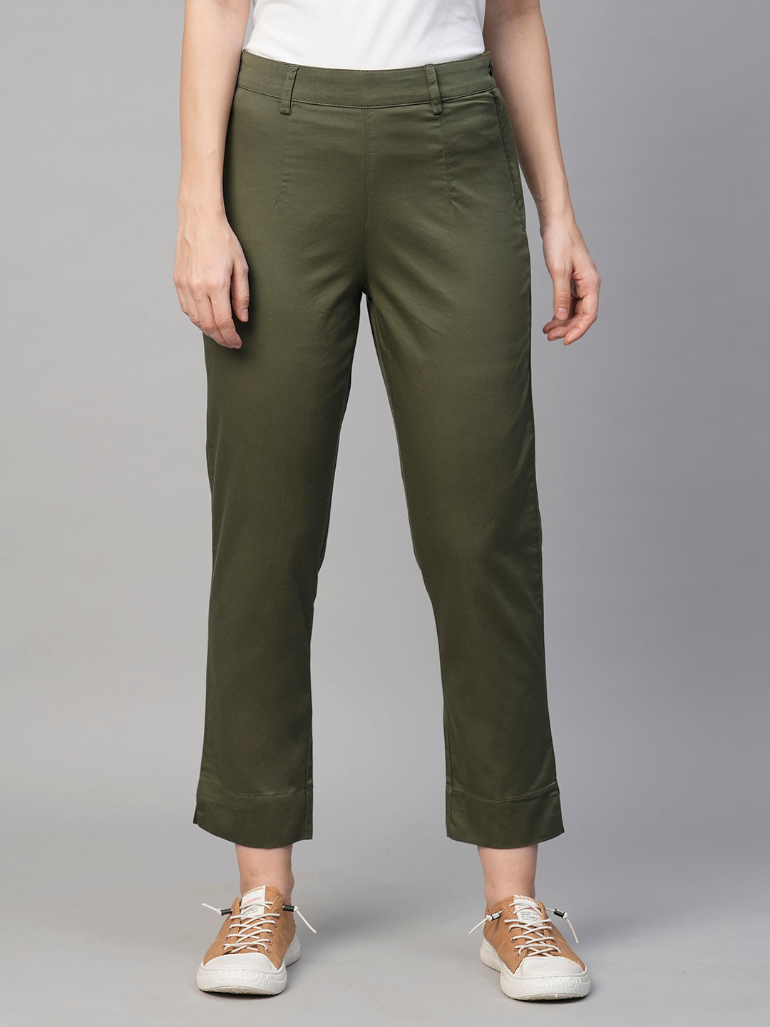 Women's Cotton Elastane Olive Regular Fit Pant