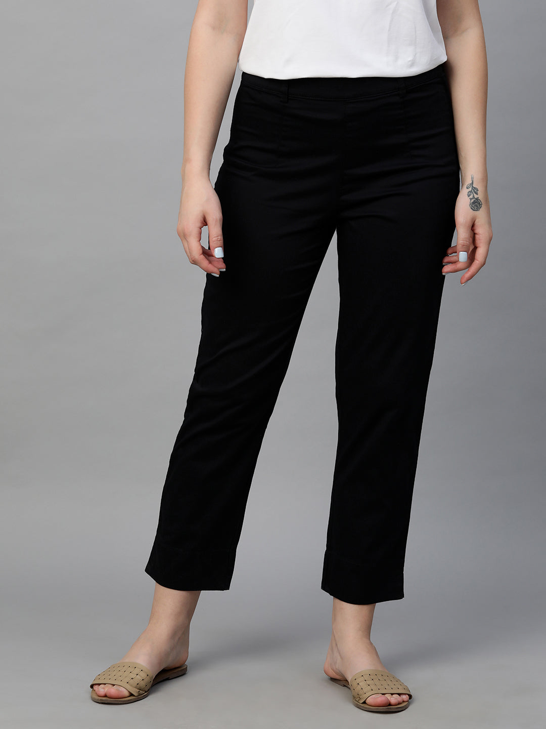 Women's Black Cotton Elastane Regular Fit Pant