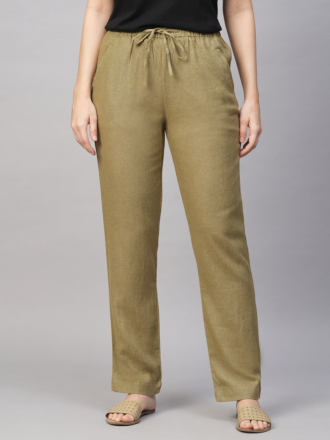 Women's Khaki Linen Viscose Regular Fit Pant