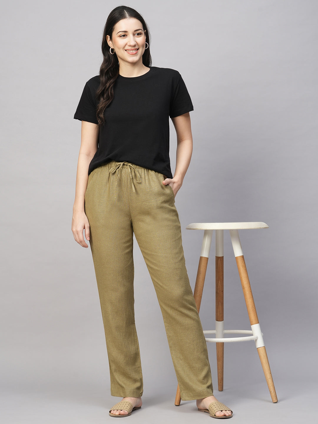 Women's Khaki Linen Viscose Regular Fit Pant