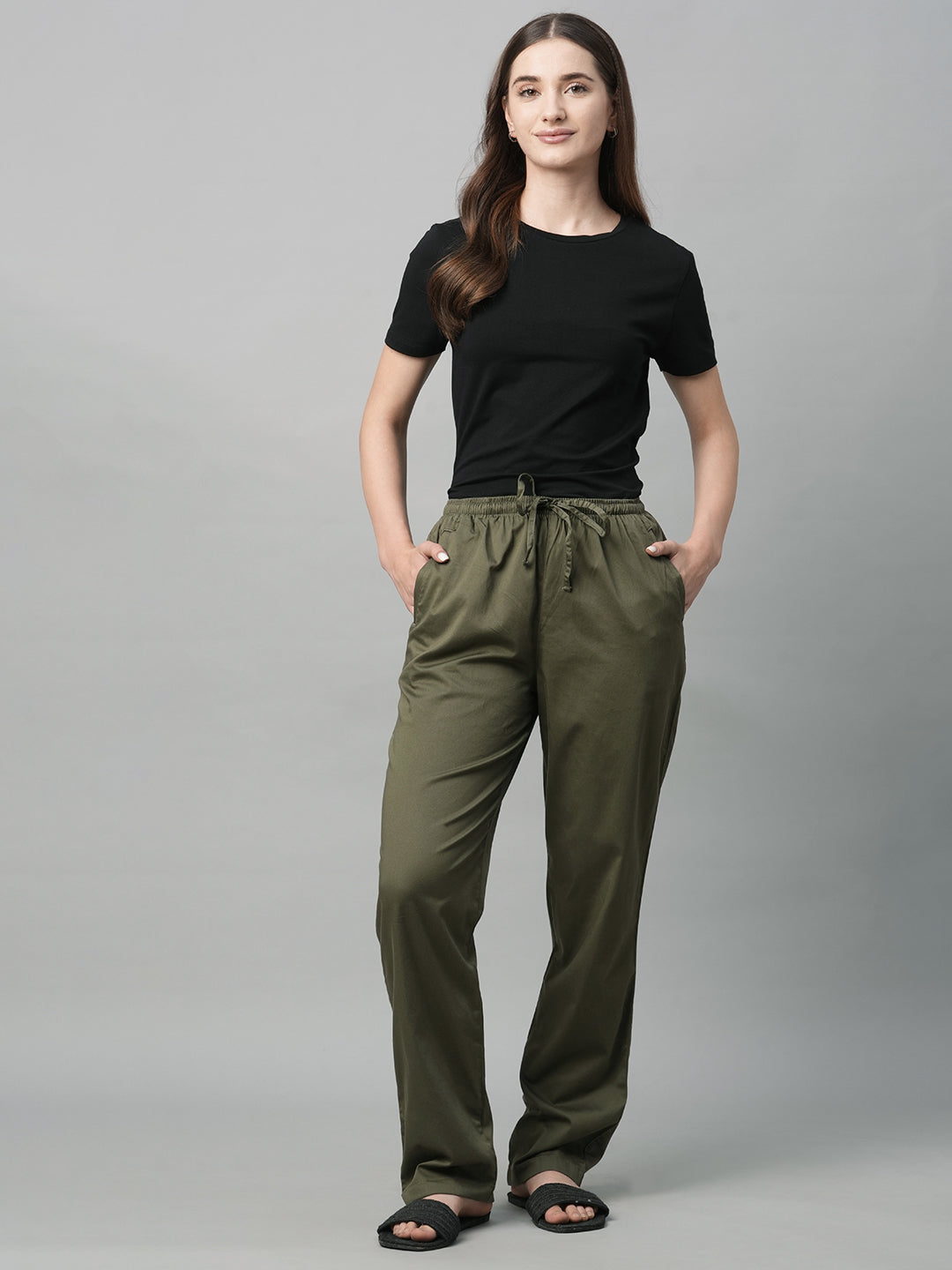 Women's Olive Cotton Elastane Regular Fit Pant