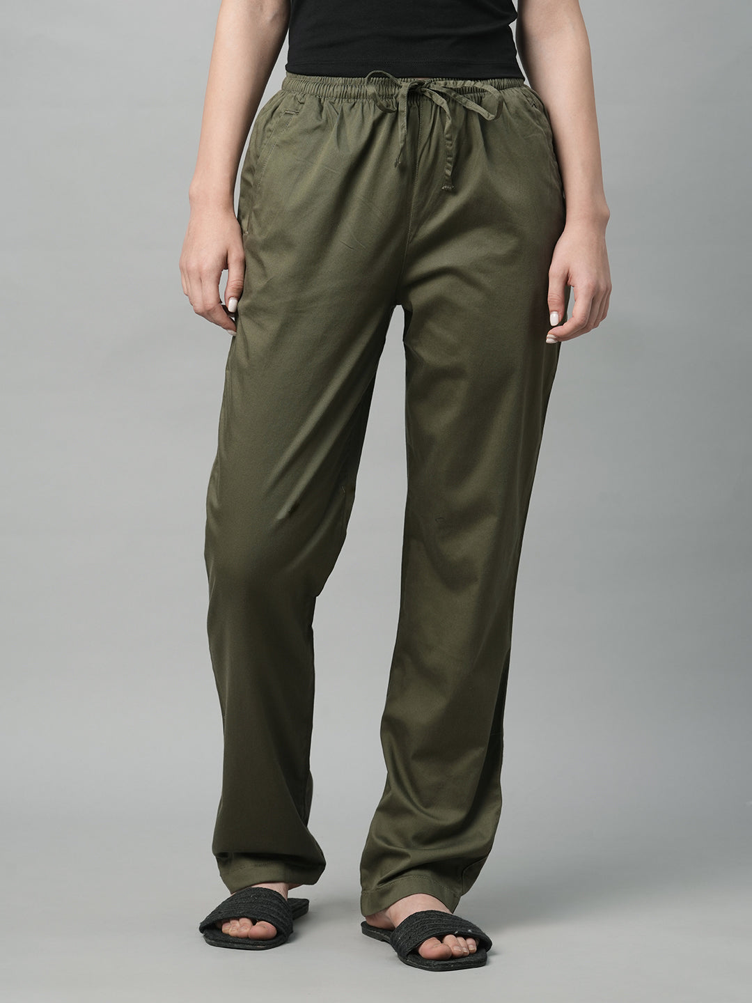 Women's Olive Cotton Elastane Regular Fit Pant