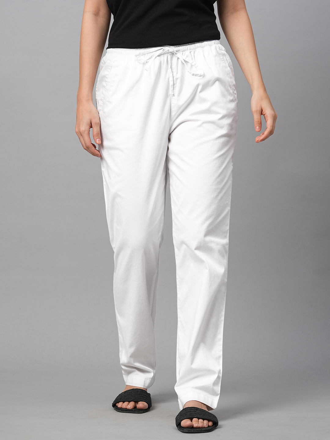 Women's White Cotton Lycra Regular Fit Pant