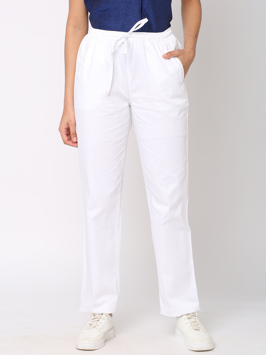 Women's White Linen Viscose Regular Fit Pant