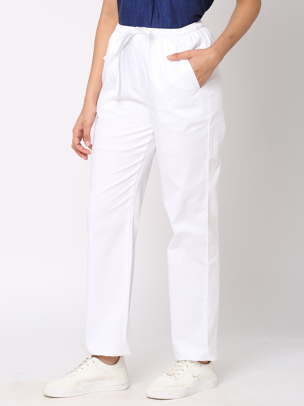 Women's White Linen Viscose Regular Fit Pant