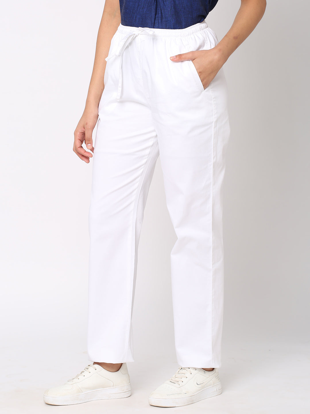 Women's White Linen Viscose Regular Fit Pant