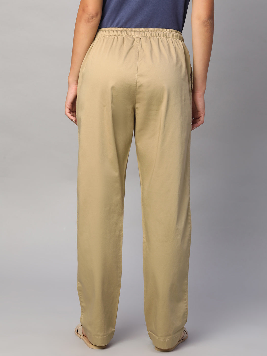 Women's Khaki Cotton Lycra Regular Fit Pant